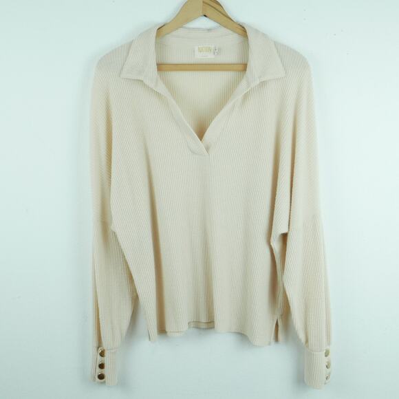 Nation LTD Scout Easy Collared Henley Top Large Cream Minimal Relaxed Classic - Picture 1 of 7